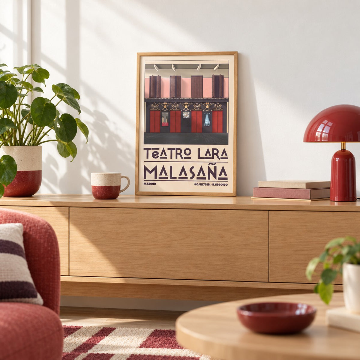Teatro Lara Wall Art shown in the small A4 size on a styled console (frame not included)