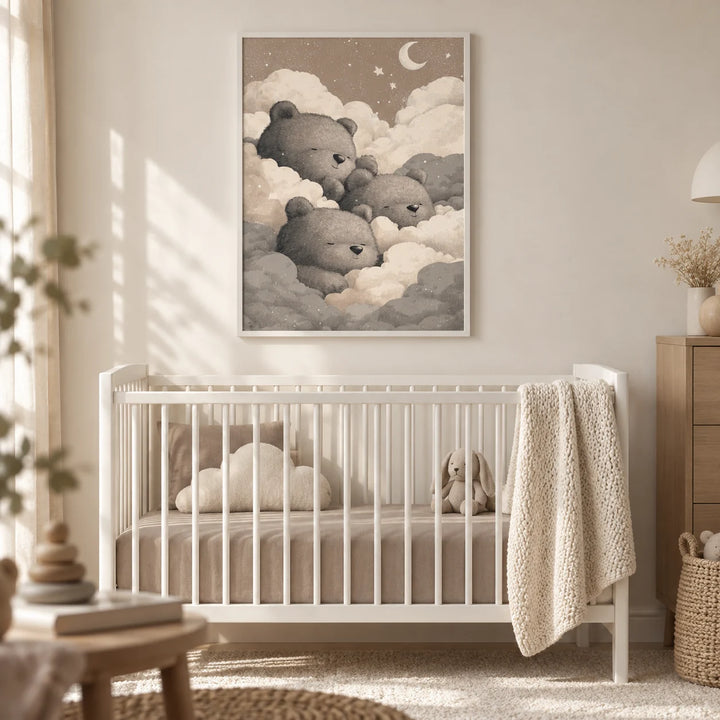 Teddy Bear Wall Art For Nursery, framed on the wall of a calm neutral nursery with a soft cream wall