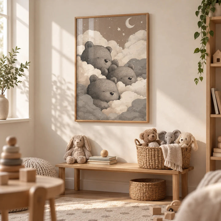 Teddy Bear Wall Art For Nursery, framed on the wall of a calm playroom with a cream wall