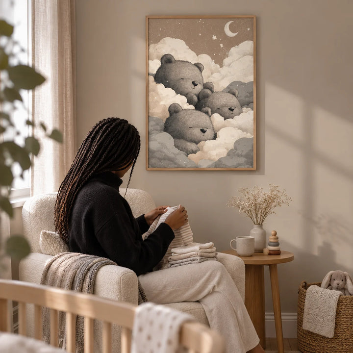 Teddy Bear Wall Art For Nursery, framed on the wall of a nursery feeding corner with a pale taupe wall