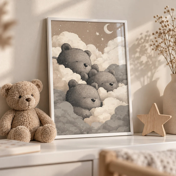 Teddy Bear Wall Art For Nursery, a small A4 framed print leaning on a white nursery shelf