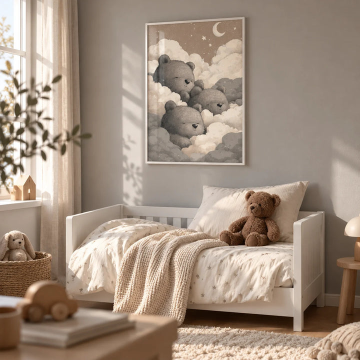 Teddy Bear Wall Art For Nursery, framed on the wall of a toddler's room with a soft grey wall in a bedroom
