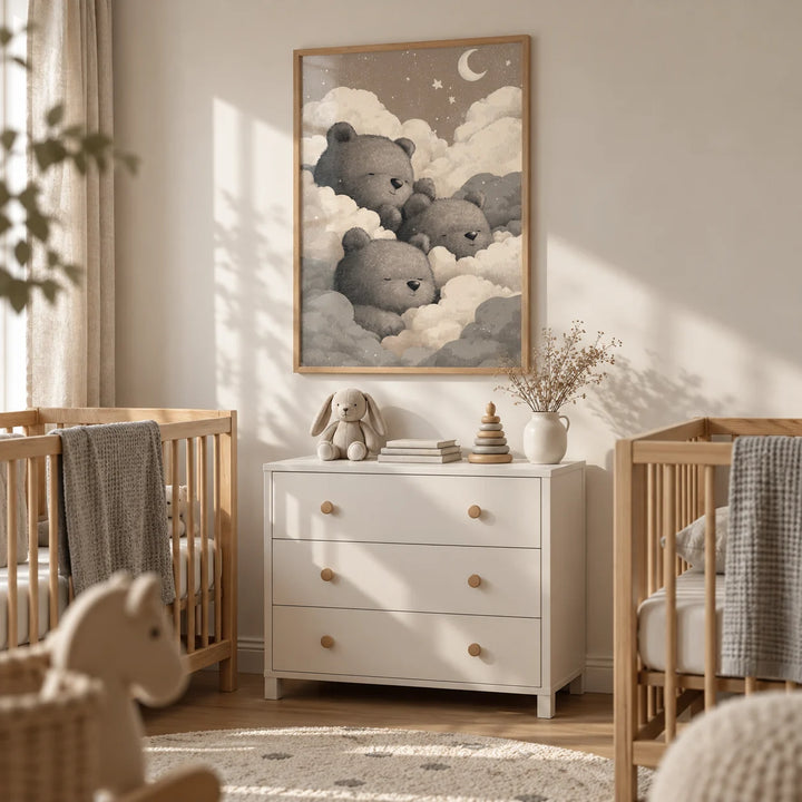 Teddy Bear Wall Art For Nursery, framed on the wall of a twins' nursery with a warm white wall