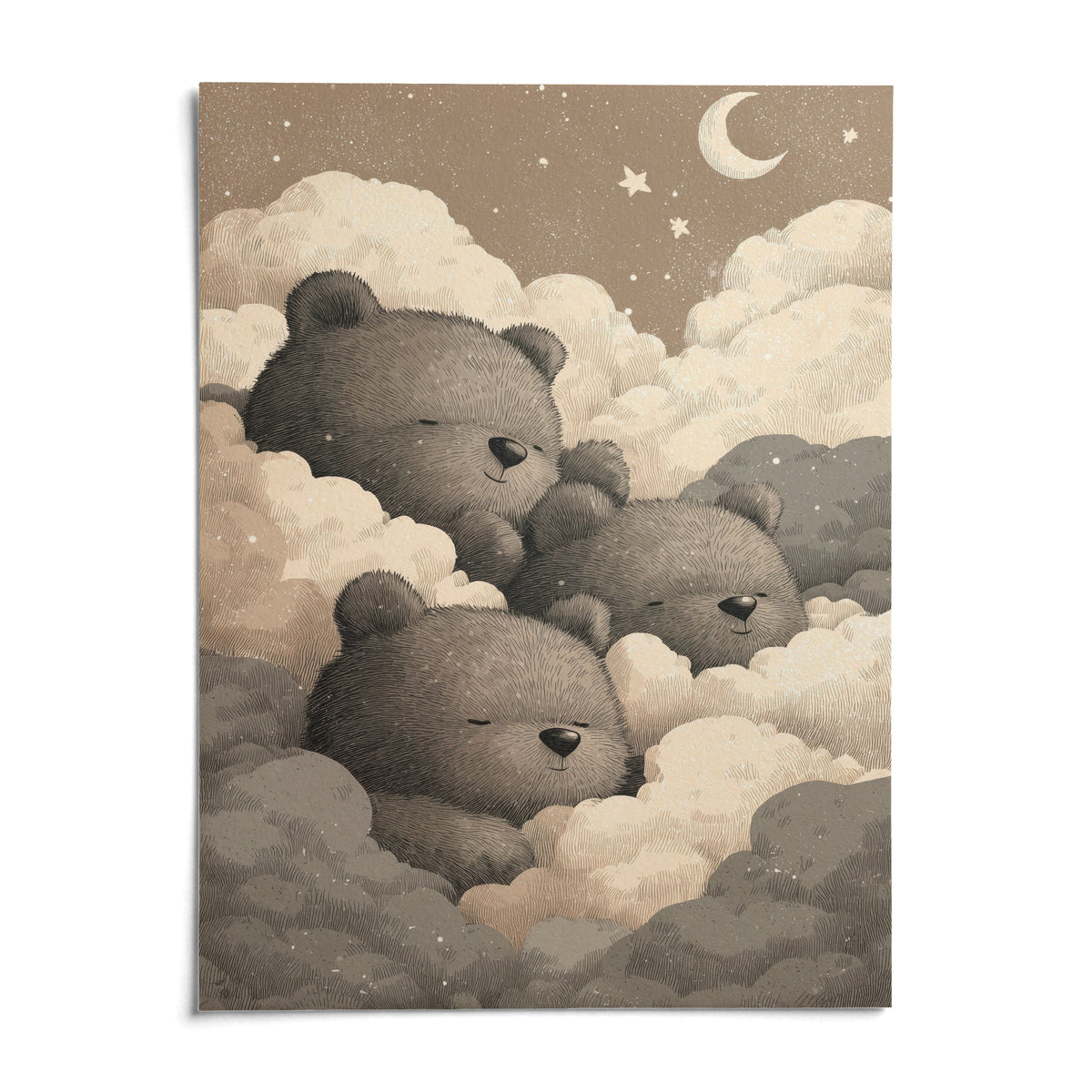 Teddy Bear Wall Art For Nursery, shown as an unframed paper print on a plain white background