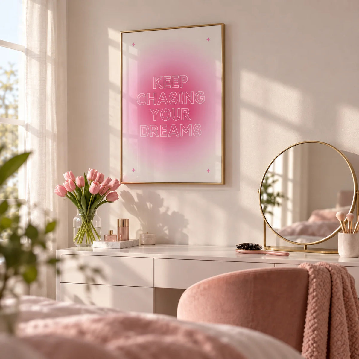 Teenage Girl Gifts, framed on the wall of a bedroom dressing corner in a first flat