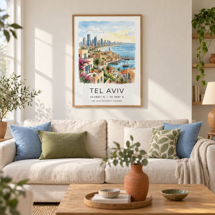 Tel Aviv Art Print, framed on the wall of a bright coastal-inspired living room in a UK terrace with warm white plaster walls and honey-toned floorboards