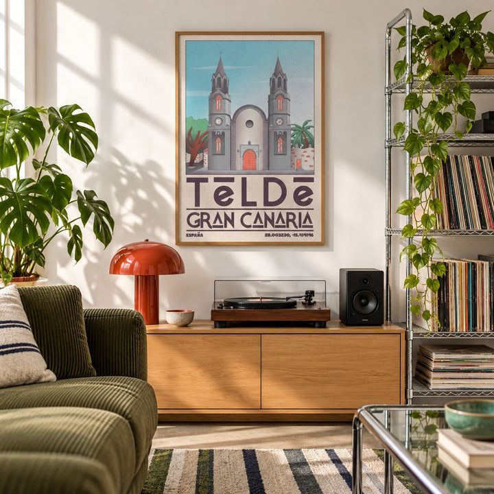 Telde Gran Canaria Art Print shown in a city apartment record corner (frame not included)