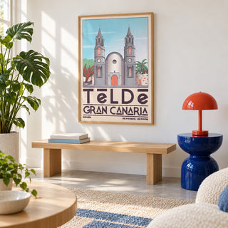 Telde Gran Canaria Art Print shown in a colourful minimalist living room with a bench (frame not included)