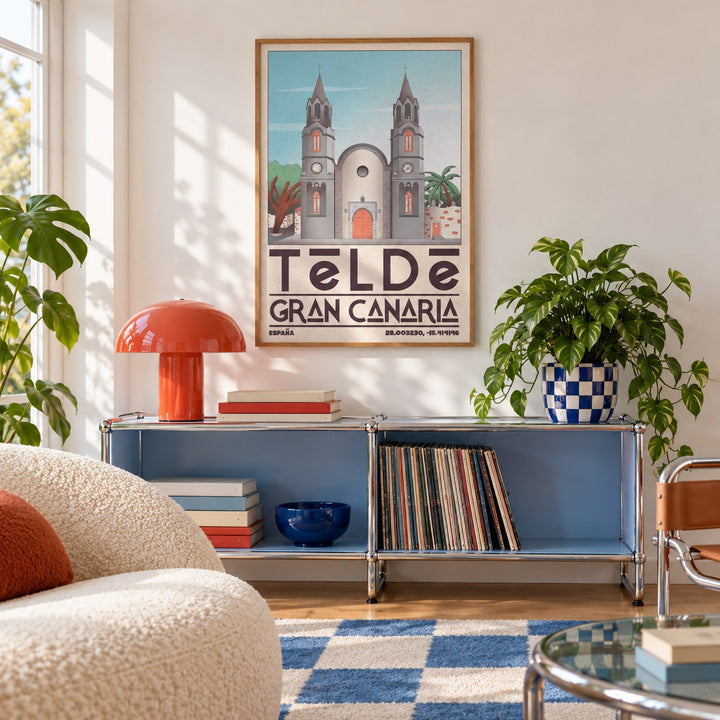 Telde Gran Canaria Art Print shown in a playful living room with a modular console (frame not included)