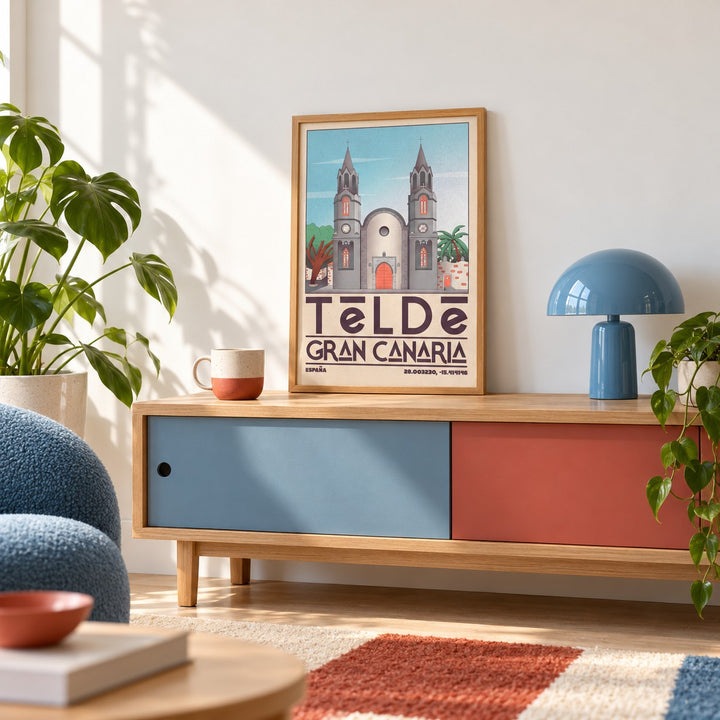 Telde Gran Canaria Art Print shown in the small A4 size on a styled console (frame not included)