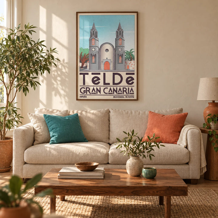 Telde Gran Canaria Art Print, framed on the wall of a warm Mediterranean-inspired living room in a UK terraced house with cream plaster walls and oak floorboards