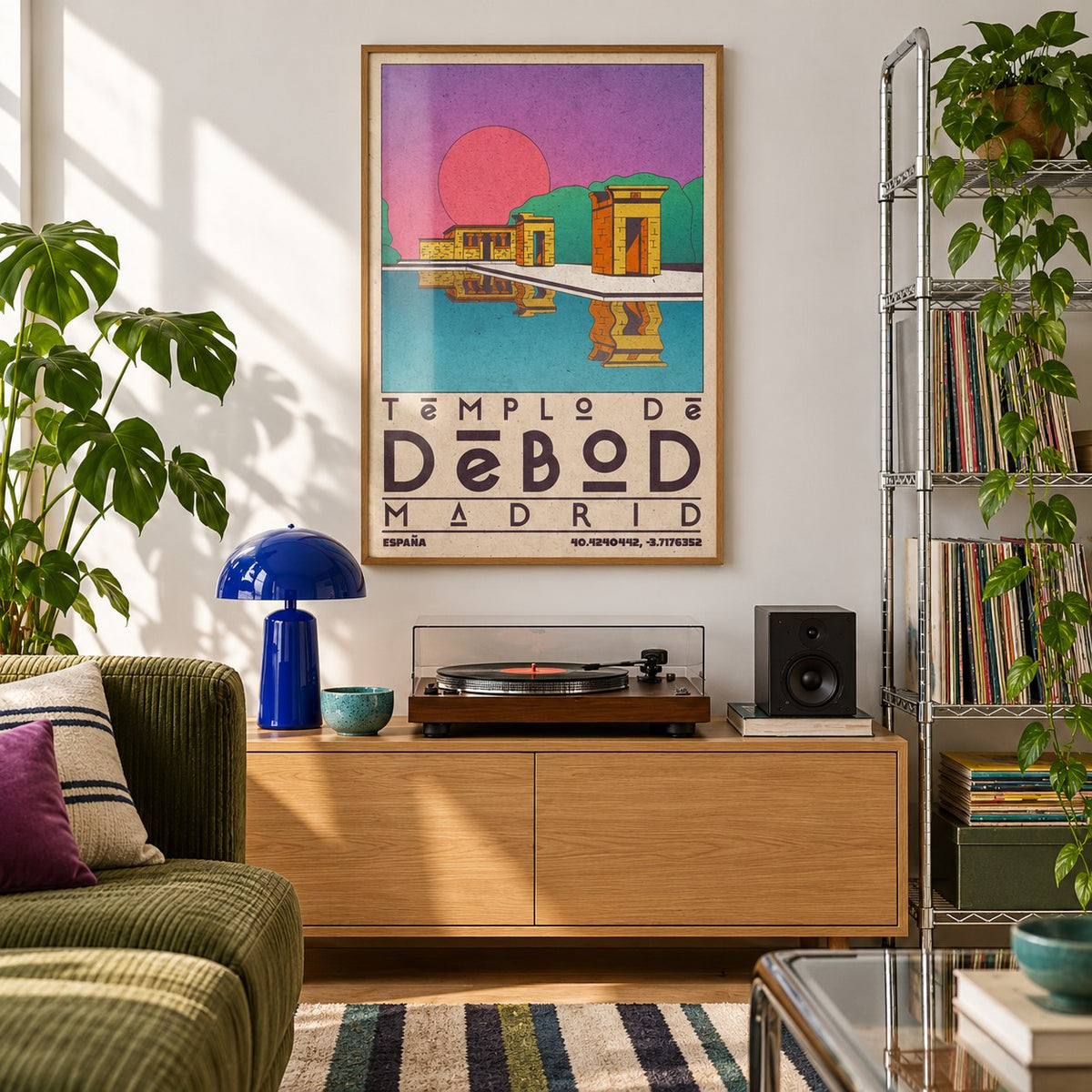 Templo De Debod Art Print shown in a city apartment record corner (frame not included)