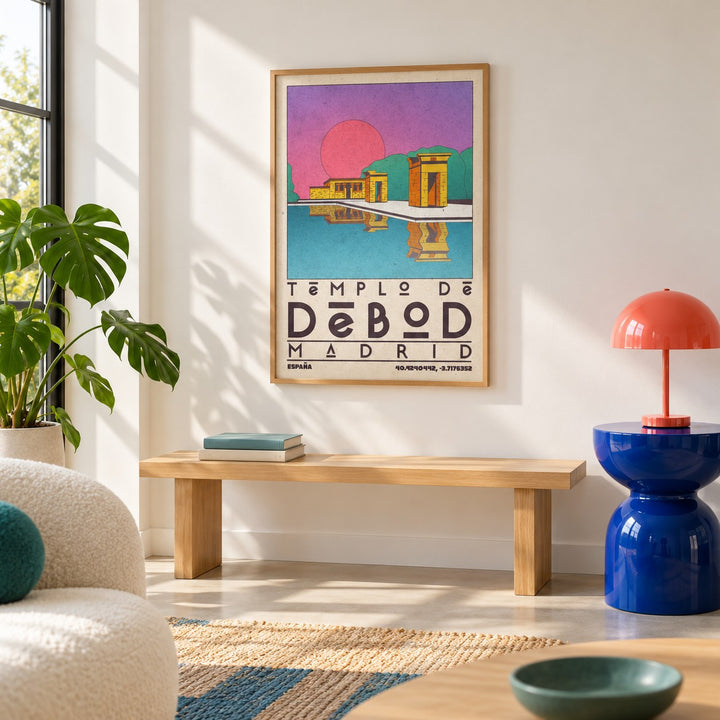 Templo De Debod Art Print shown in a colourful minimalist living room with a bench (frame not included)