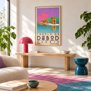 Templo De Debod Art Print shown in a minimalist living room with an oak console (frame not included)