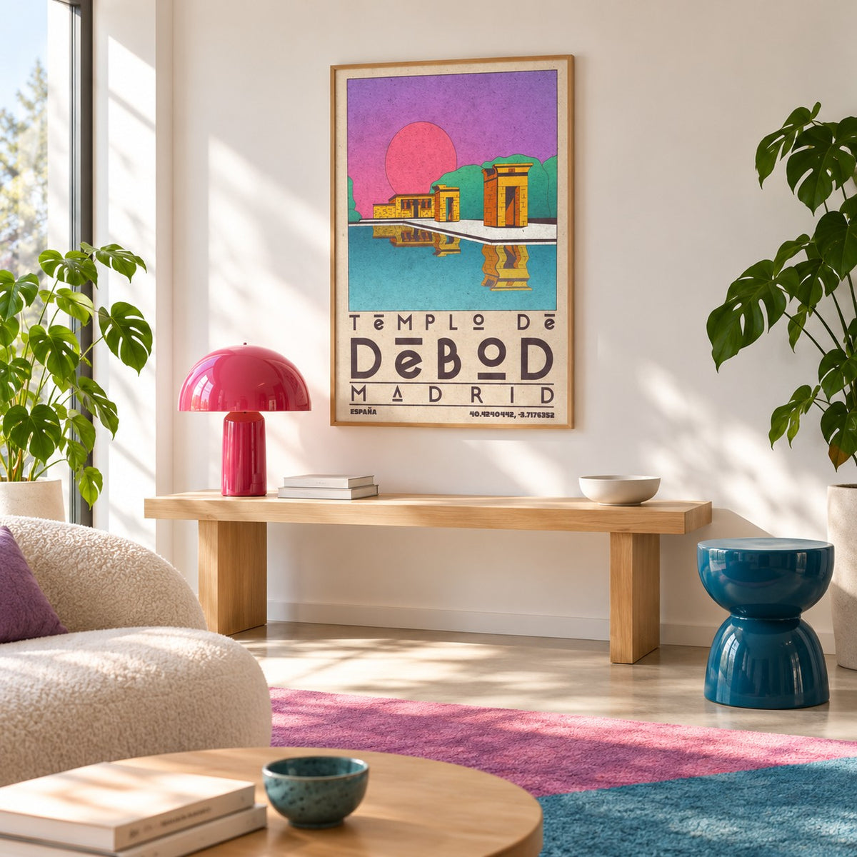 Templo De Debod Art Print shown in a minimalist living room with an oak console (frame not included)