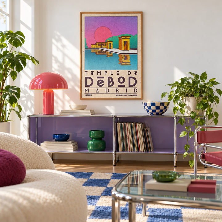 Templo De Debod Art Print shown in a retro lounge corner (frame not included)