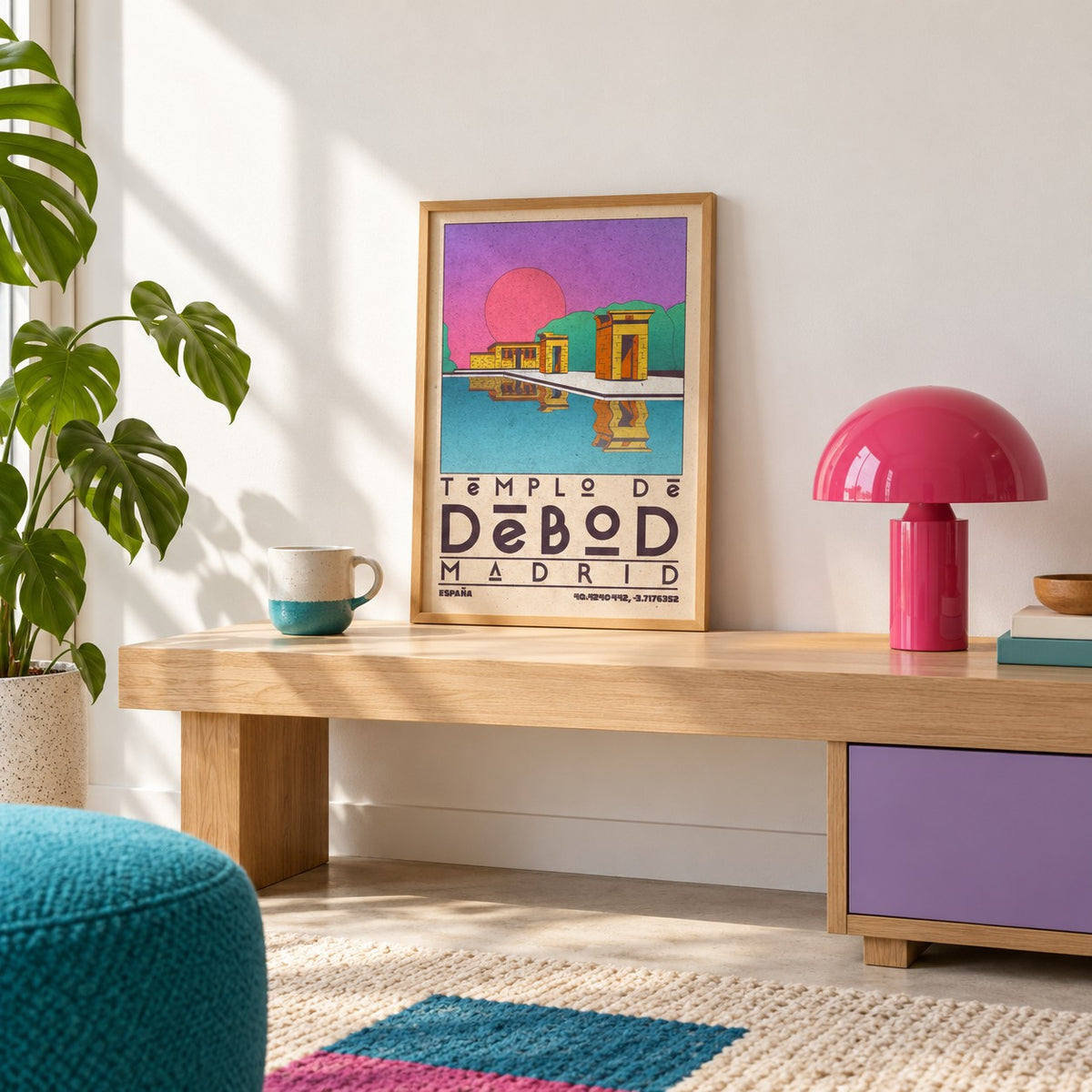 Templo De Debod Art Print shown in the small A4 size on a styled console (frame not included)