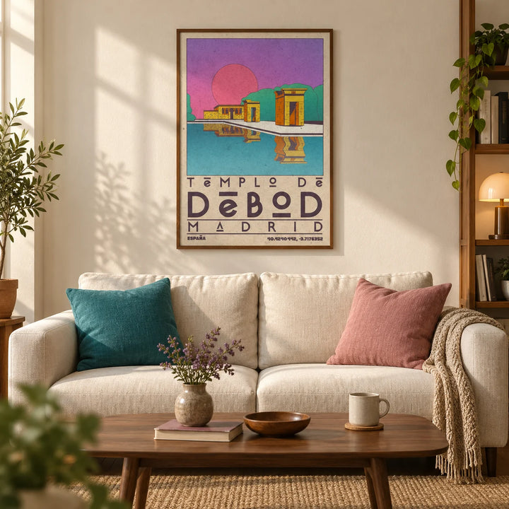Templo De Debod Art Print, framed on the wall of a warm modern living room in a UK city flat with ivory plaster walls and walnut floorboards
