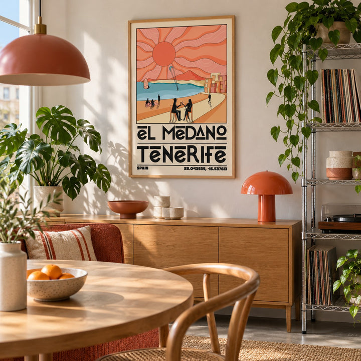 Tenerife Travel Poster shown in a city kitchen dining area (frame not included)