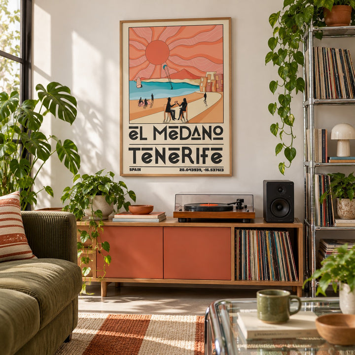 Tenerife Travel Poster shown in a city apartment record corner (frame not included)