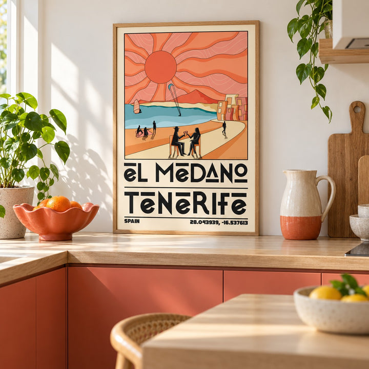 Tenerife Travel Poster shown in a minimalist kitchen (frame not included)