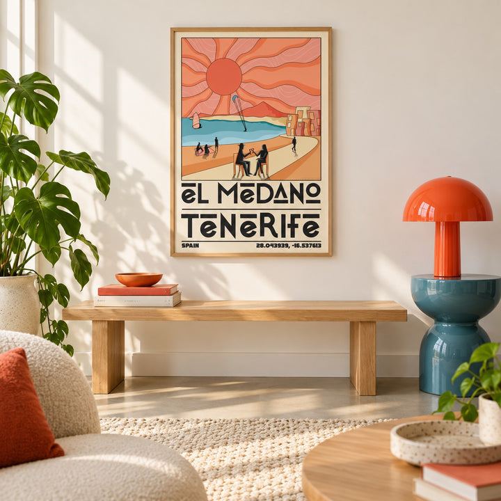 Tenerife Travel Poster shown in a minimalist living room with an oak bench (frame not included)