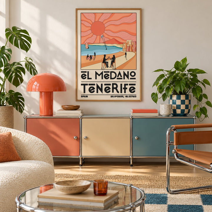 Tenerife Travel Poster shown in a playful living room with a retro modular sideboard (frame not included)