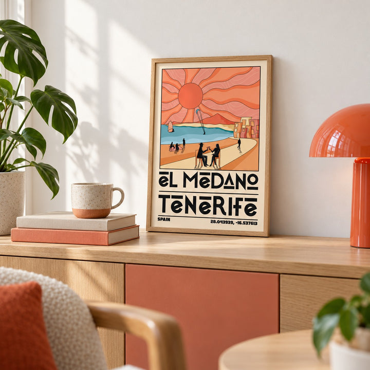 Tenerife Travel Poster shown in the small A4 size on a shelf (frame not included)
