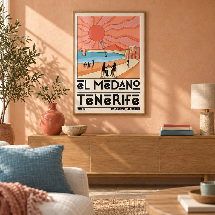Tenerife Travel Poster, framed on the wall of a warm in a living room