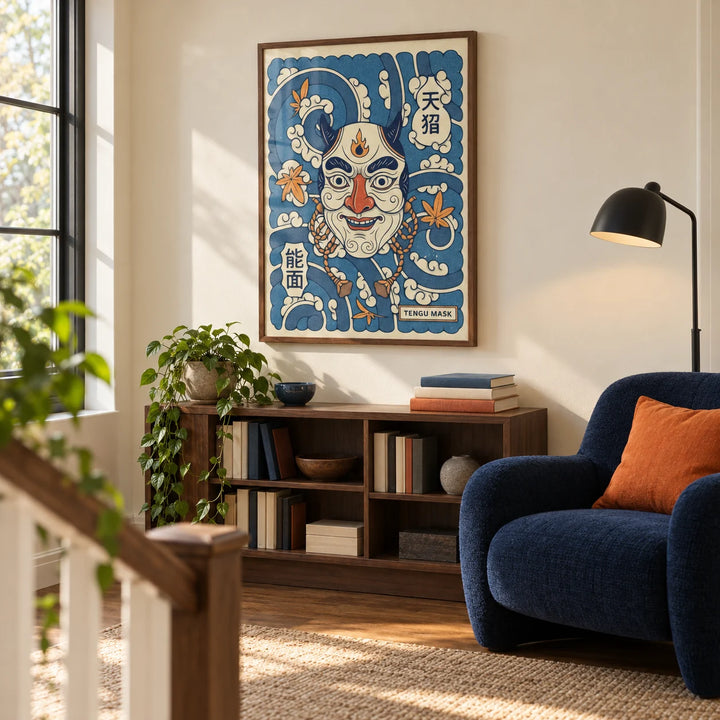 Tengu Mask Art, framed on the wall of a modern reading corner on a spacious landing with a warm cream wall and walnut floorboards in a living room