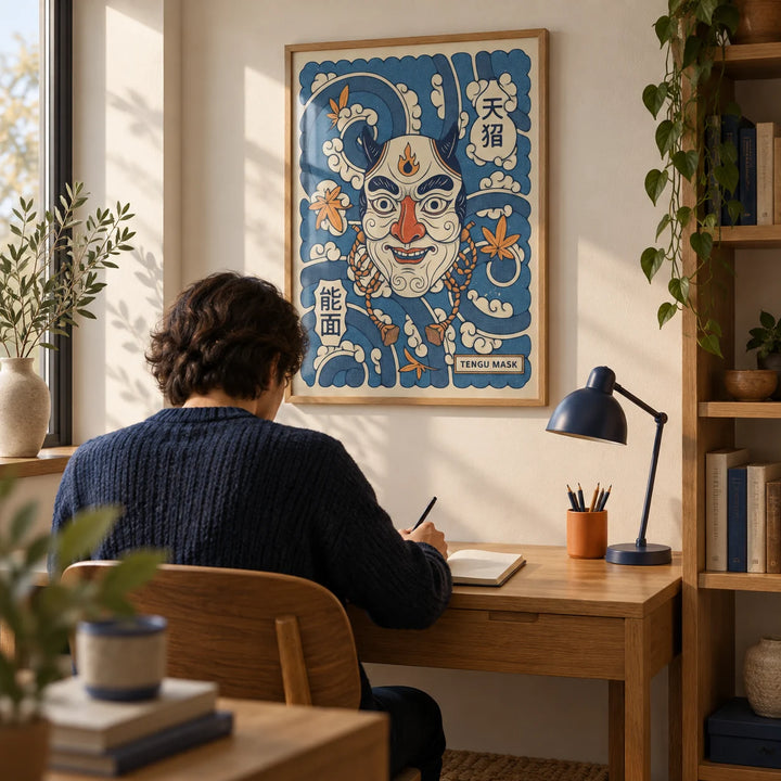 Tengu Mask Art, framed on the wall of a quiet home study with a cream wall and simple oak shelving