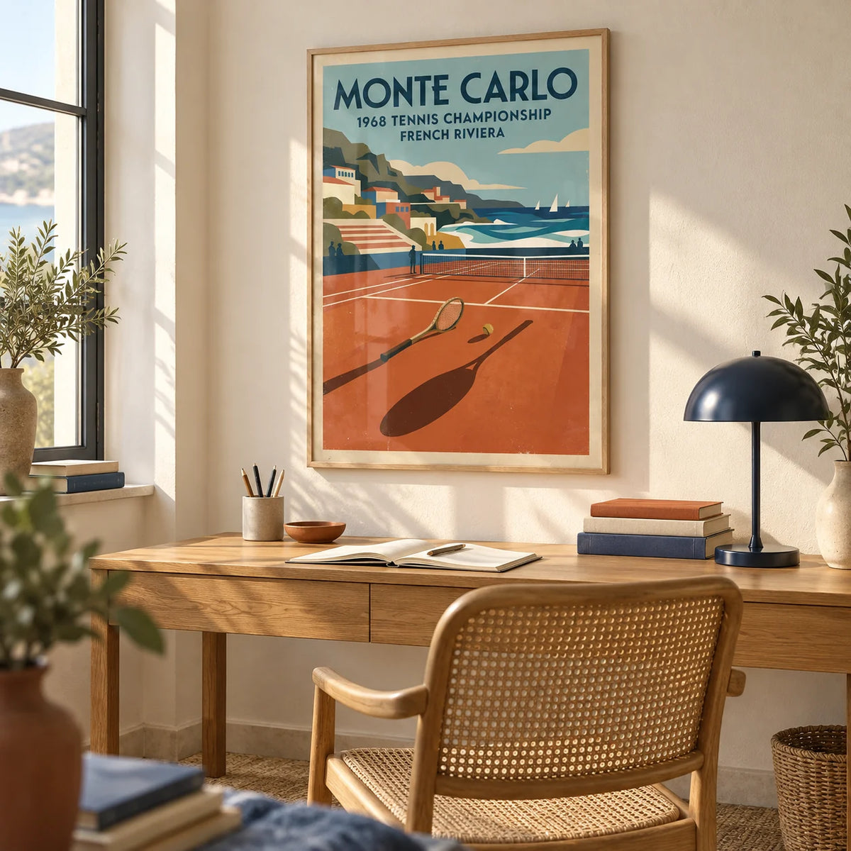 Tennis Championship Art Print, framed on the wall of a bright home office with a cream wall