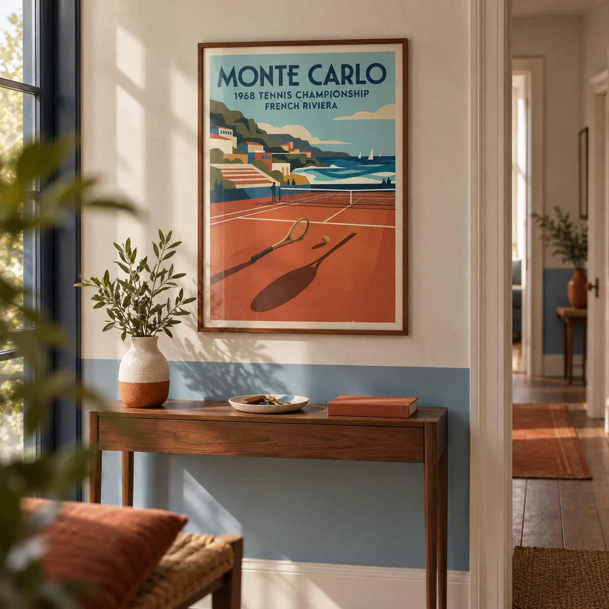 Tennis Championship Art Print, framed on the wall of a characterful hallway with a sky blue painted lower wall and cream above