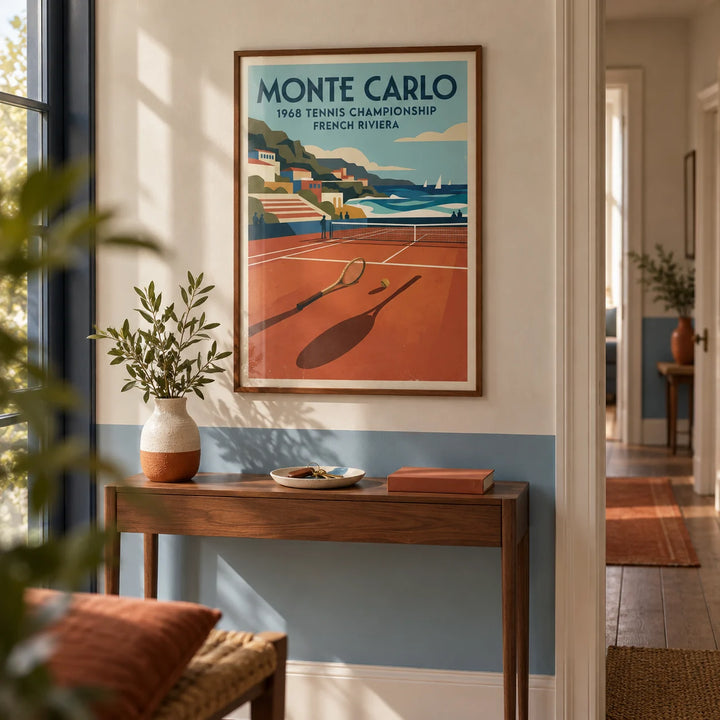 Tennis Championship Art Print, framed on the wall of a characterful hallway with a sky blue painted lower wall and cream above