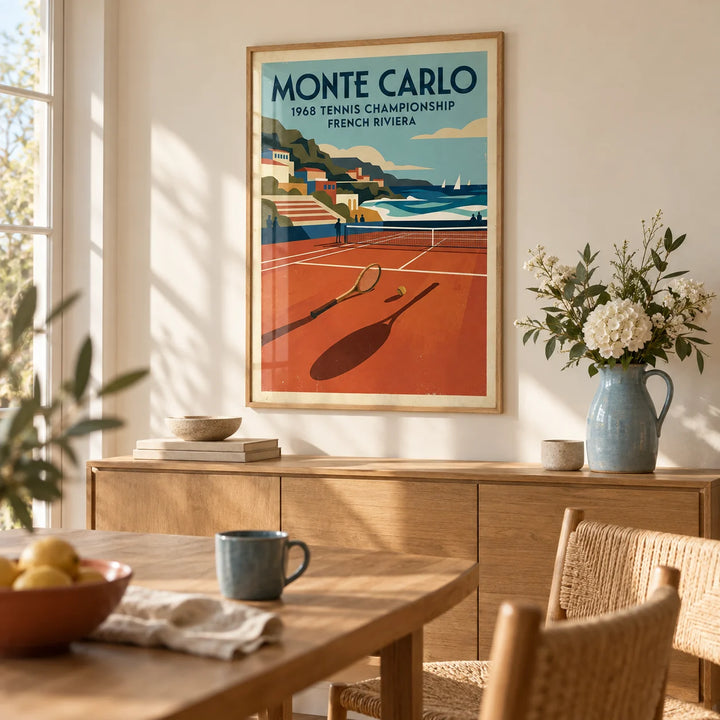 Tennis Championship Art Print, framed on the wall of a relaxed dining room with a warm white wall