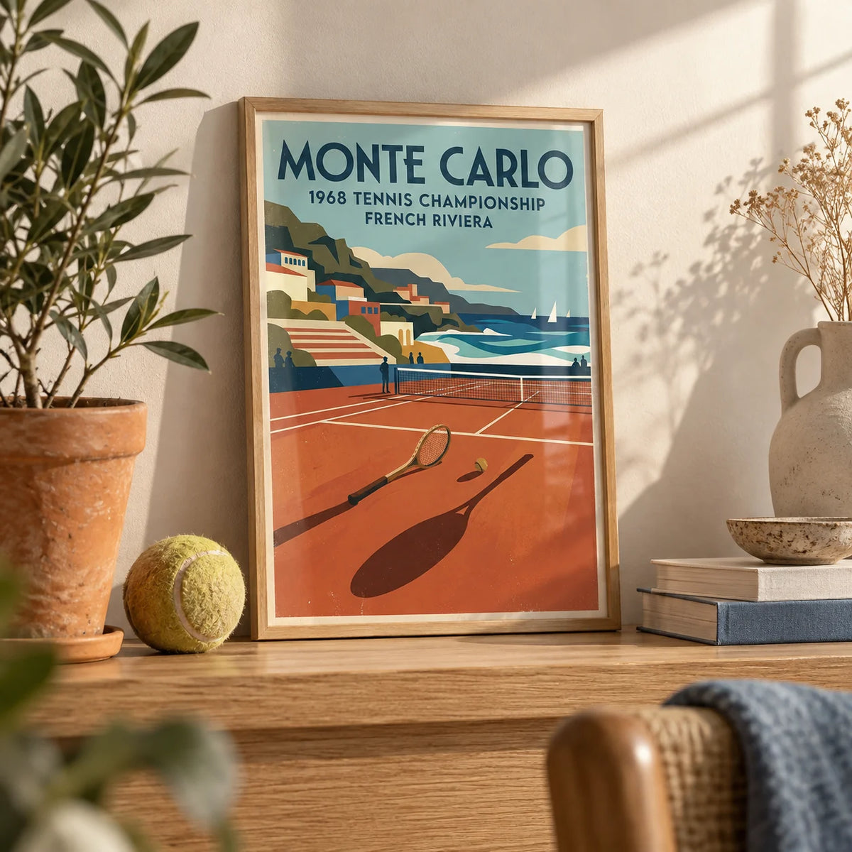 Tennis Championship Art Print, a small A4 framed print leaning on an oak shelf in a living room