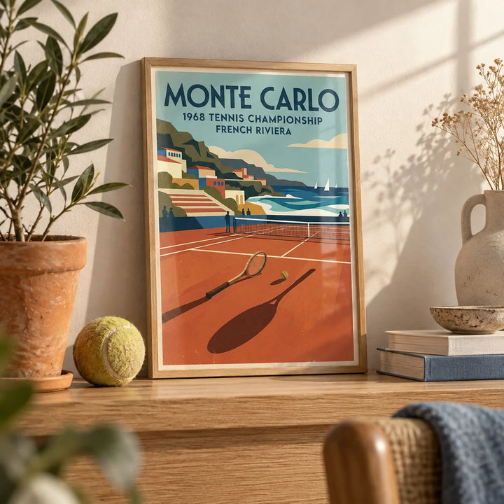 Tennis Championship Art Print, a small A4 framed print leaning on an oak shelf in a living room