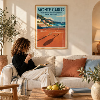 Tennis Championship Art Print, framed on the wall of a sunny Riviera-style living room with a warm white limewashed wall
