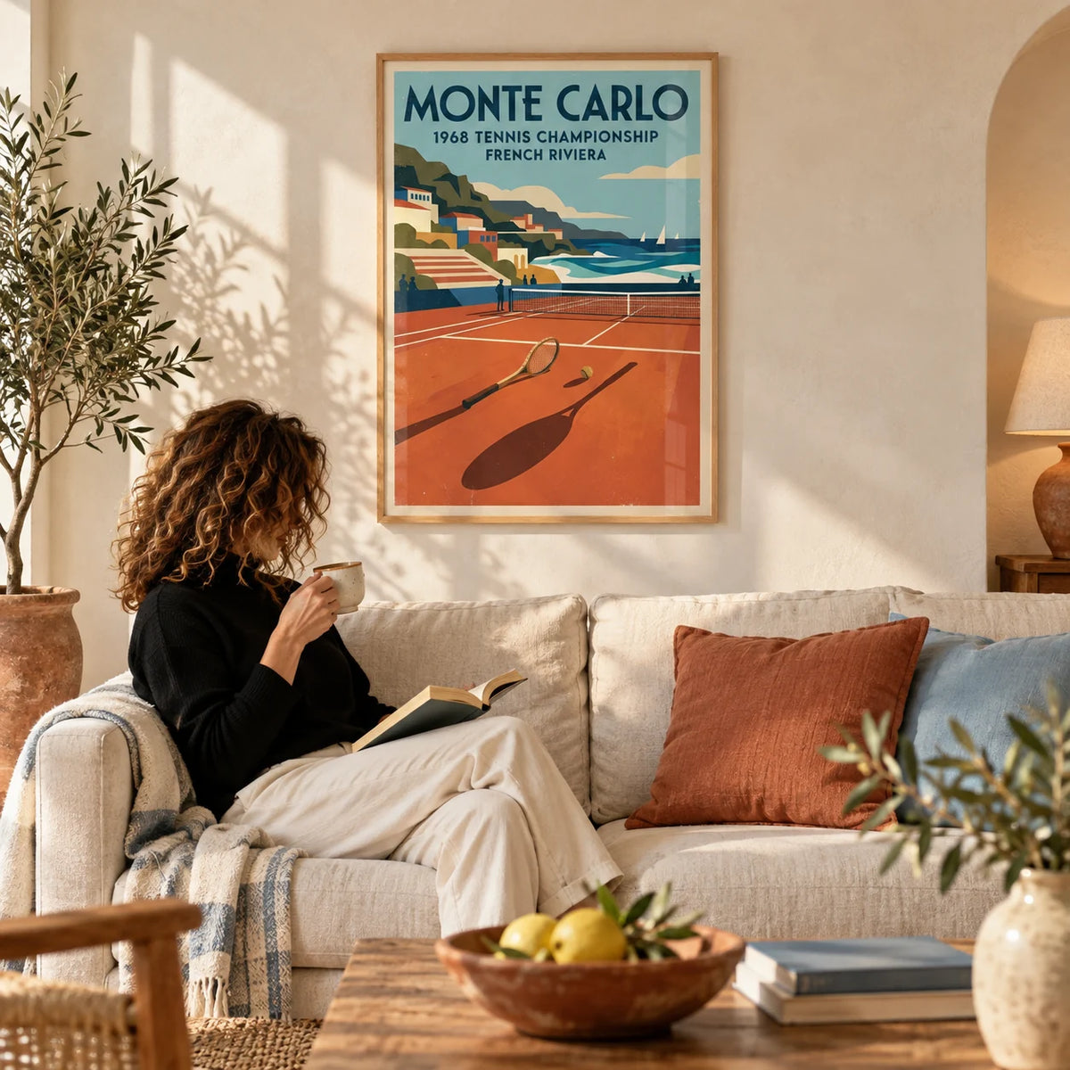 Tennis Championship Art Print, framed on the wall of a sunny Riviera-style living room with a warm white limewashed wall