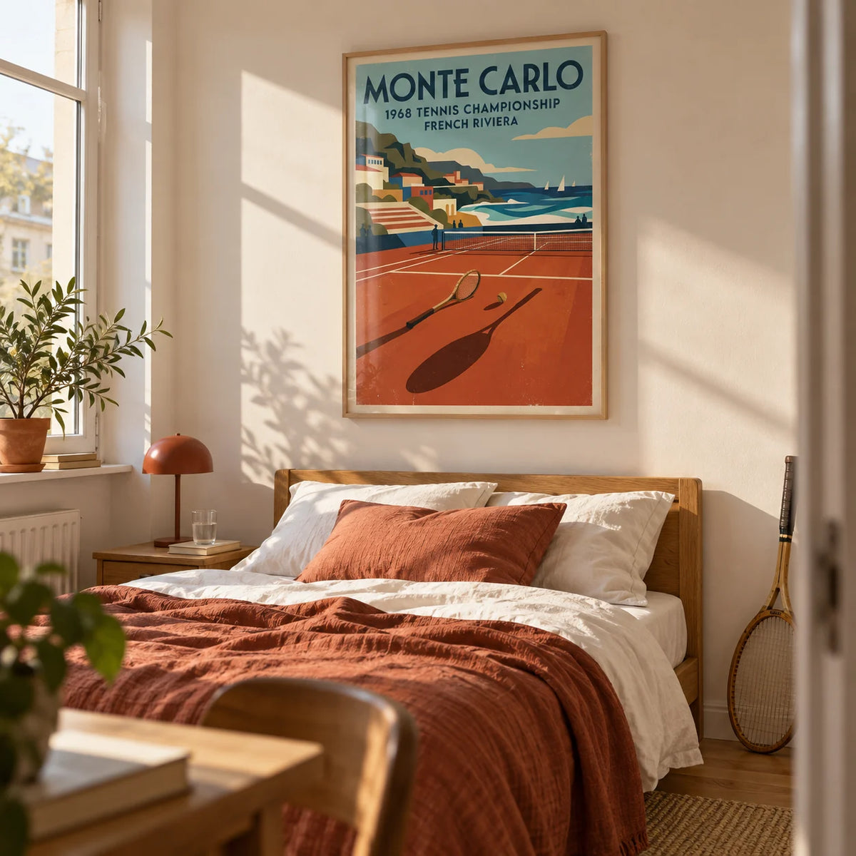 Tennis Championship Art Print, framed on the wall of a young adult's bedroom in a first flat (22-28) with a warm white wall