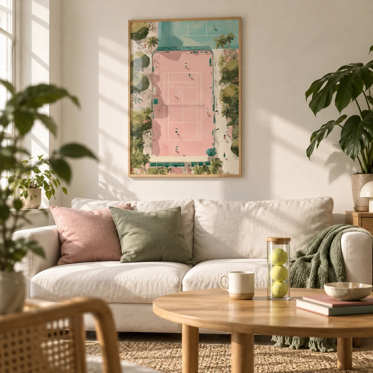 Tennis Court Art Print, framed on the wall of a bright first-flat living room