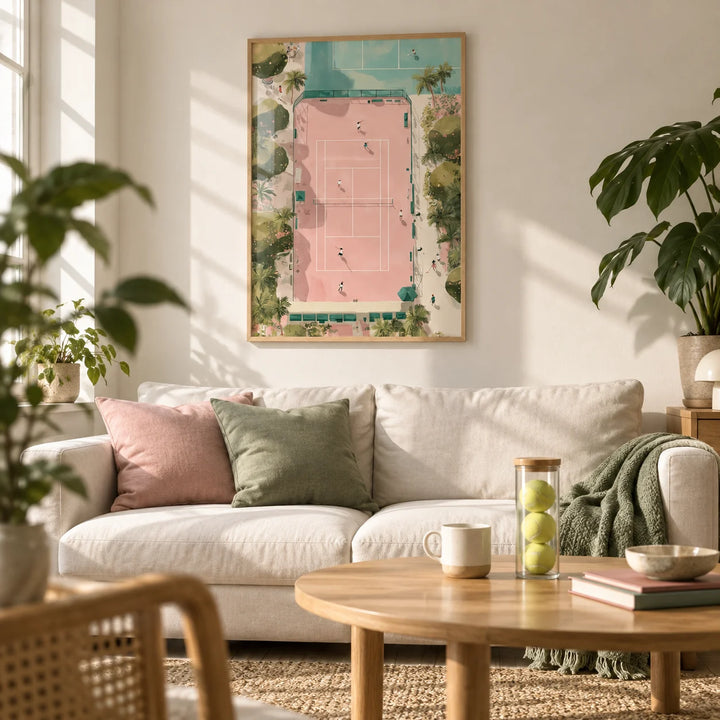 Tennis Court Art Print, framed on the wall of a bright first-flat living room