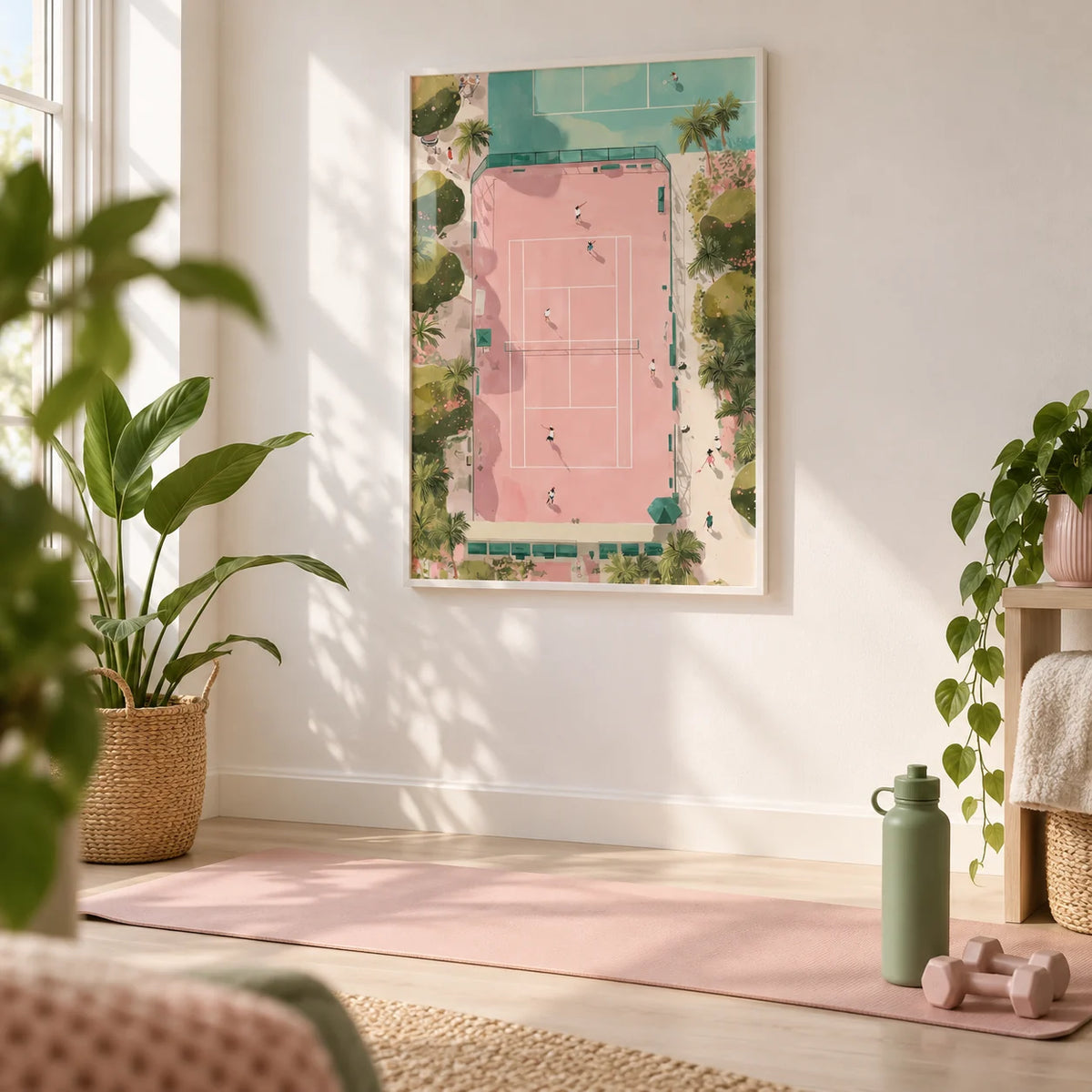 Tennis Court Art Print, framed on the wall of a calm home Pilates corner in a spare room