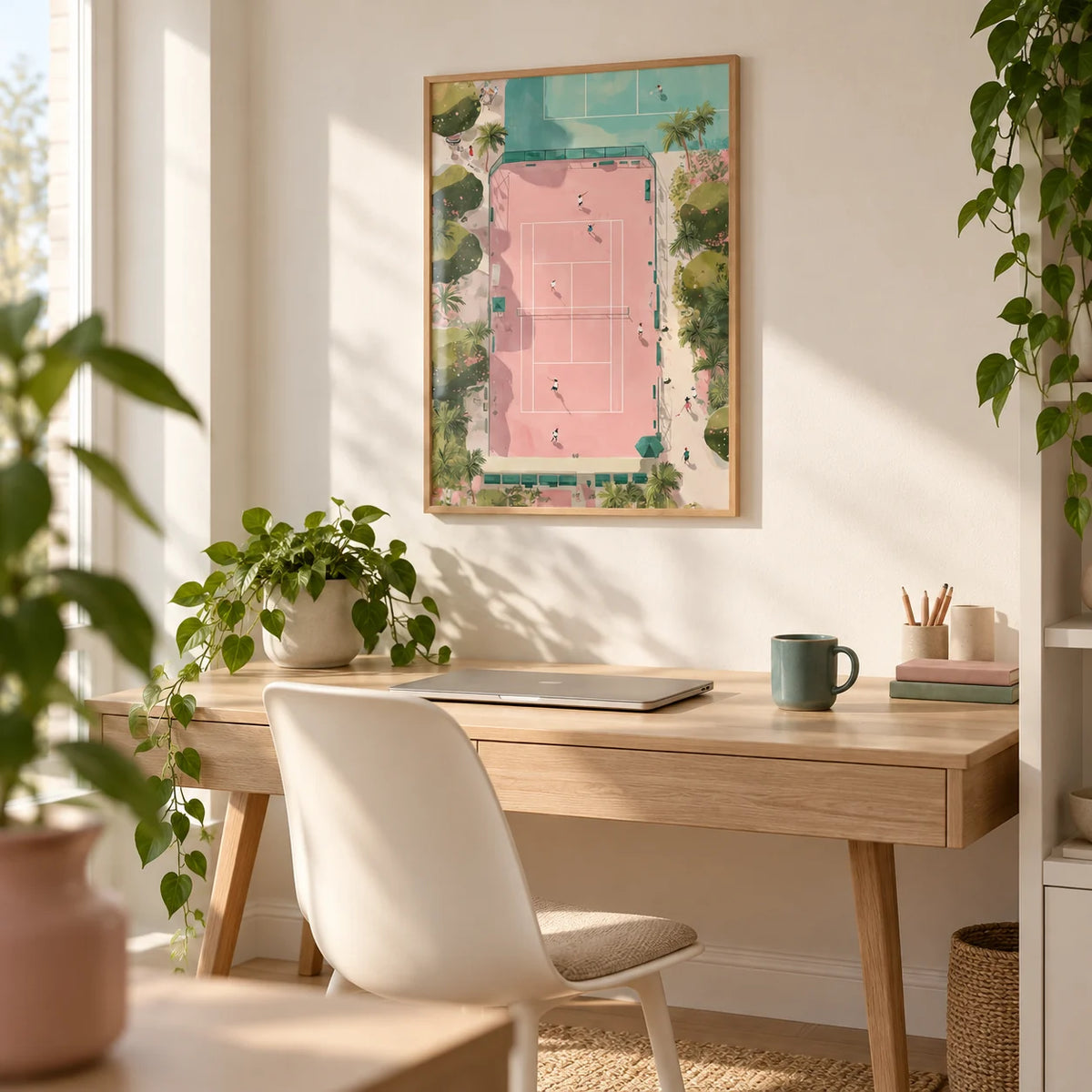 Tennis Court Art Print, framed on the wall of a light home office