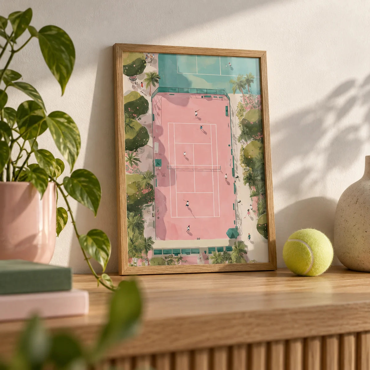 Tennis Court Art Print, a small A4 framed print leaning on an oak shelf in a living room