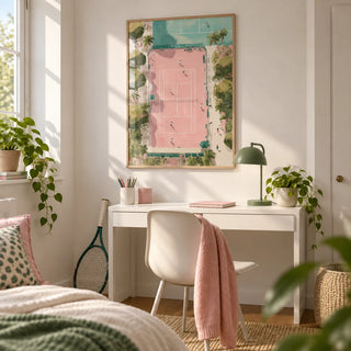 Tennis Court Art Print, framed on the wall of a tidy teenage bedroom for a 15 year old girl