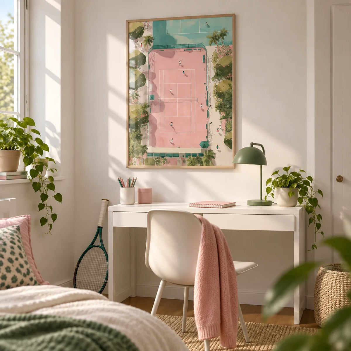 Tennis Court Art Print, framed on the wall of a tidy teenage bedroom for a 15 year old girl