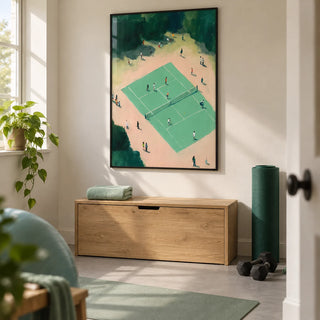 Tennis Court Wall Art, framed on the wall of a compact home exercise room in a UK house with warm white walls and a plain pale grey floor