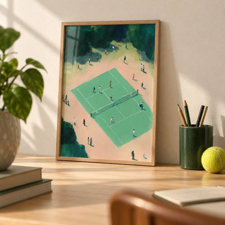 Tennis Court Wall Art, a small A4 framed print leaning on a pale oak desk