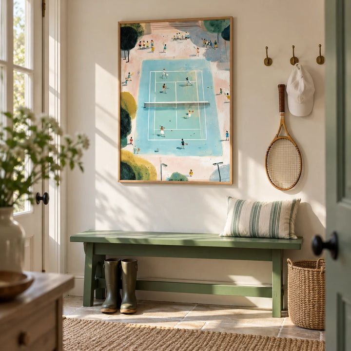 Tennis Game Art Print, framed on the wall of a bright boot room hallway